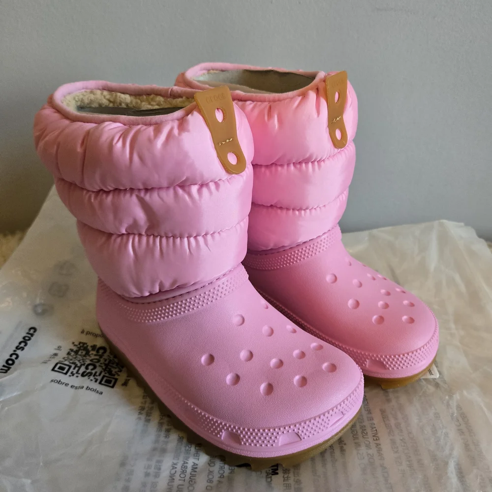 Pink Puffy Winter Crocs Boots